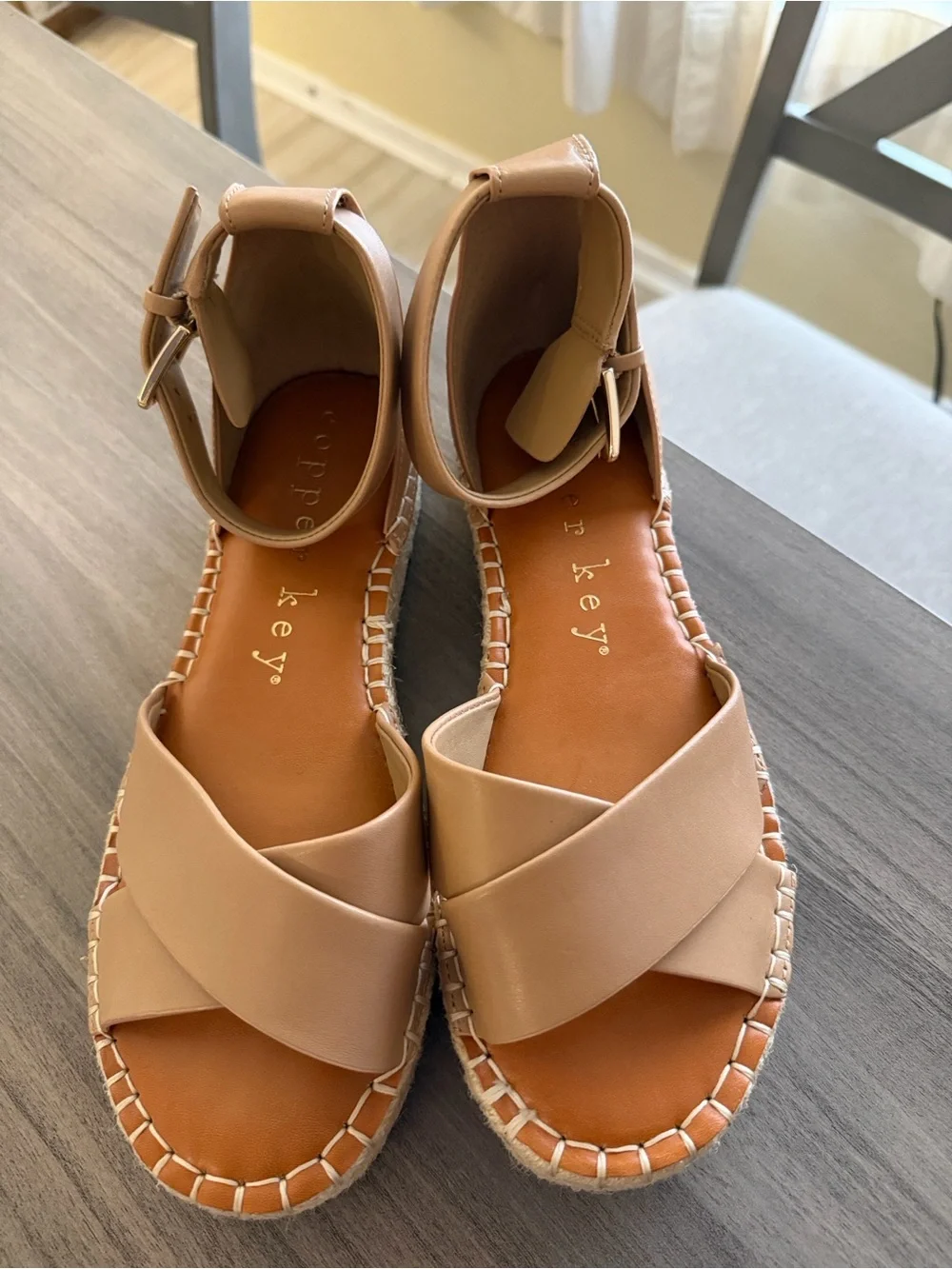 Copper Key Women's Nude Tan Cross-Strap Ankle Buckle Espadrille Sandals 9.5